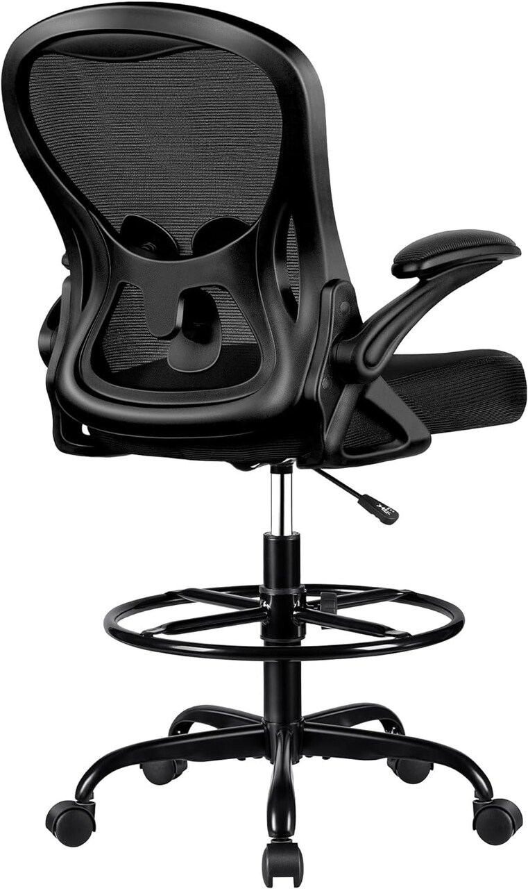 Drafting Chair, Tall Office Chair Ergonomic Standing Desk Chair, Lumbar Support Computer Chair Swivel Task Rolling Chair with Adjustable Flip-up Armrests & Foot Ring (Black)